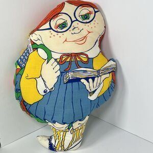 Vintage Printed Cloth 17" School Girl Book Pillow Doll Handmade Plush Reading